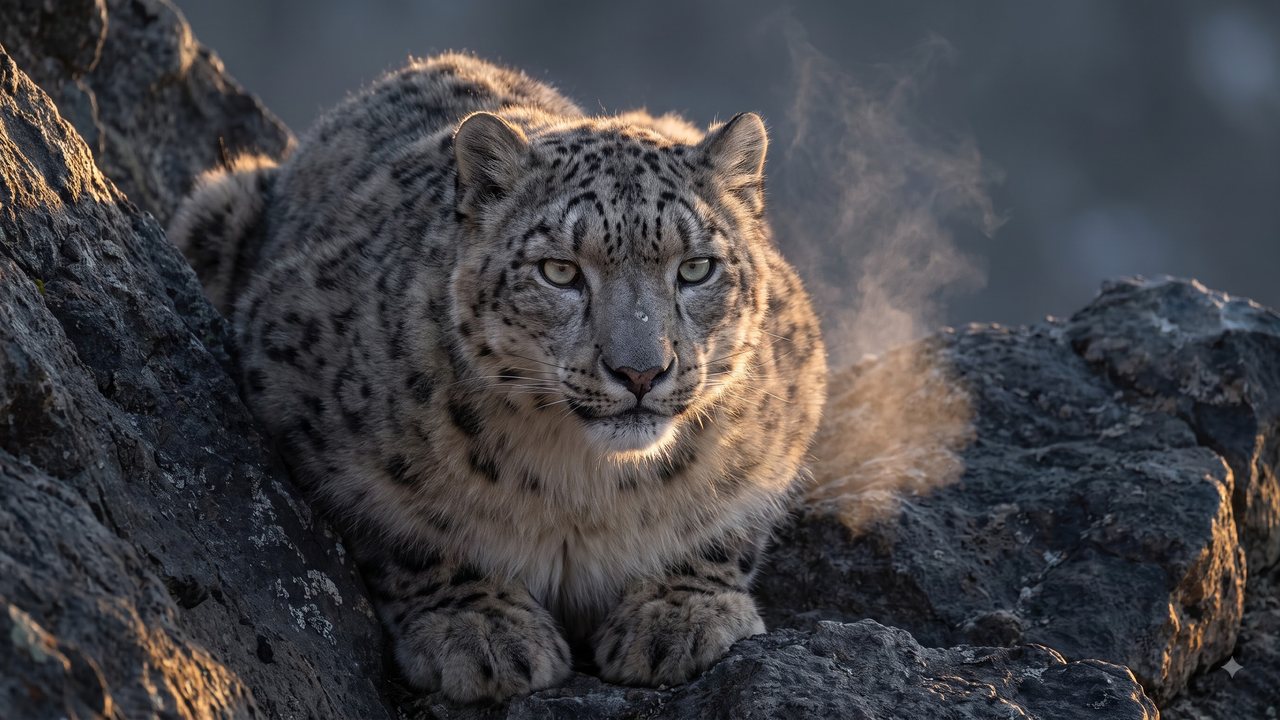 A snow leopard crouched on a rock ledge with breath vapor
