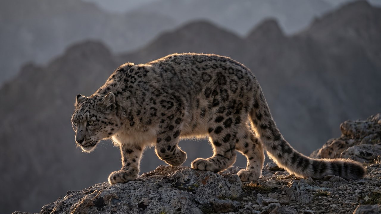A snow leopard walking along a ridge in rim light
