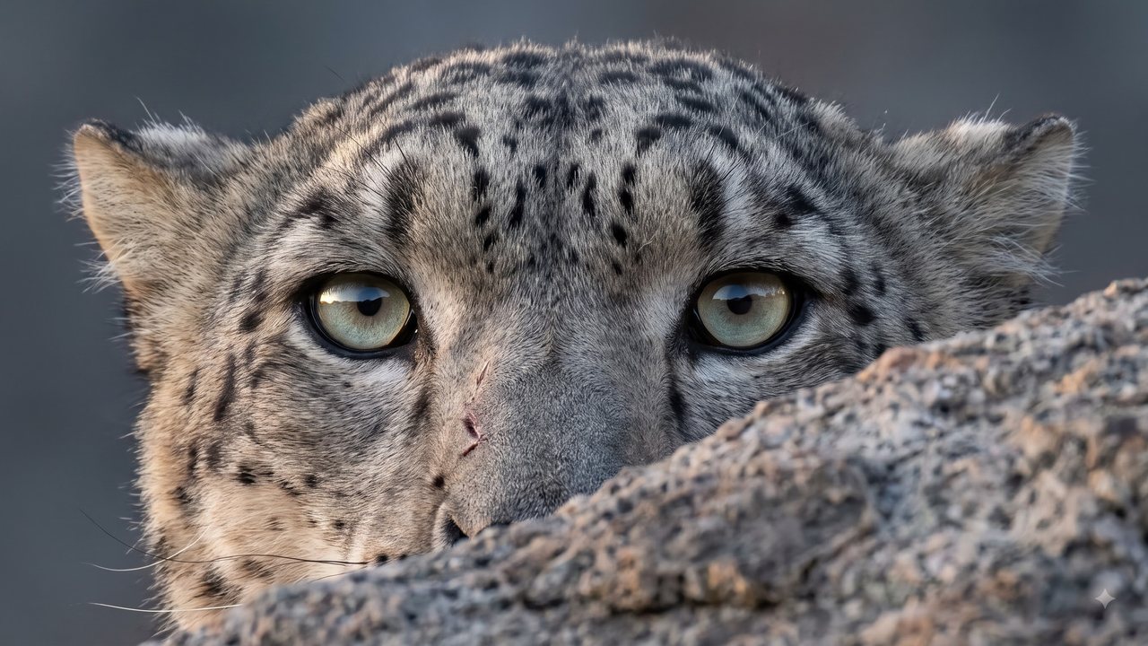 A snow leopard looking over a rock