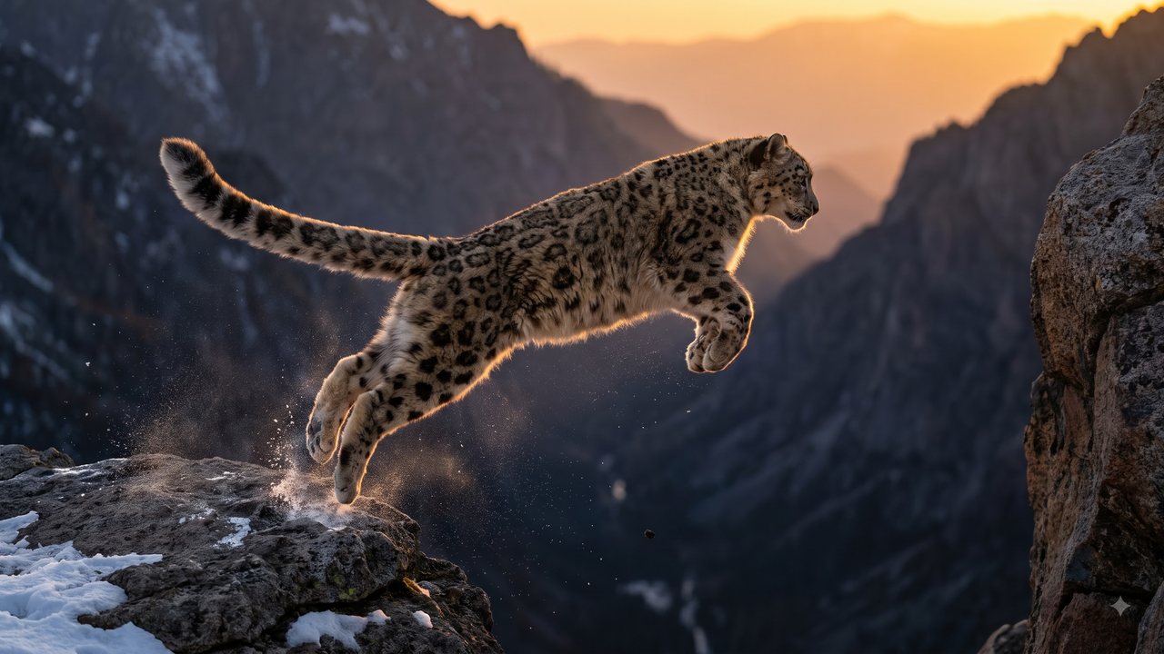 A snow leopard leaping across a gully at sunset