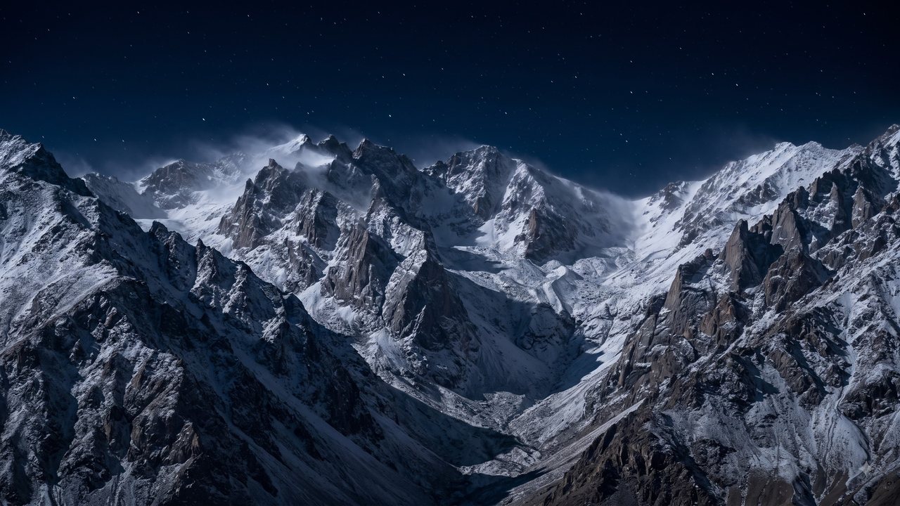Snow mountains under a night sky